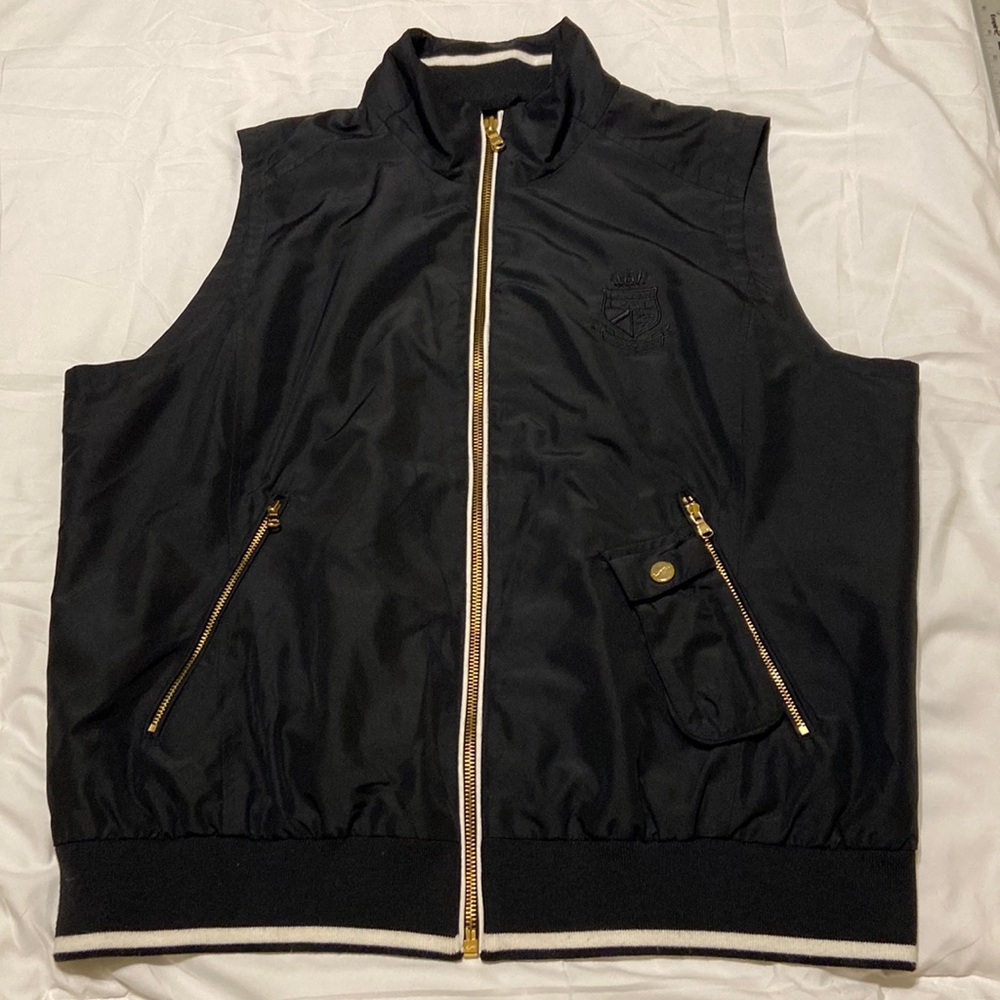 Lauren Ralph Lauren Black Utility Vest Gold Zip Logo Minimal Chic XL Lightweight